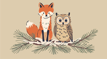 A charming illustration of a fox and an owl sitting on a snow-dusted pine branch against a warm background.