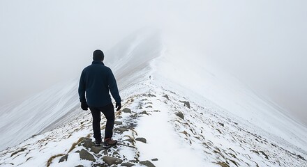 Man hiking on snowy mountain peak.