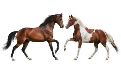 Two brown and white horses with raised hooves on white background