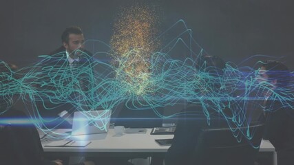 Animation of light trails and currency symbols over diverse business people in office - Powered by Adobe