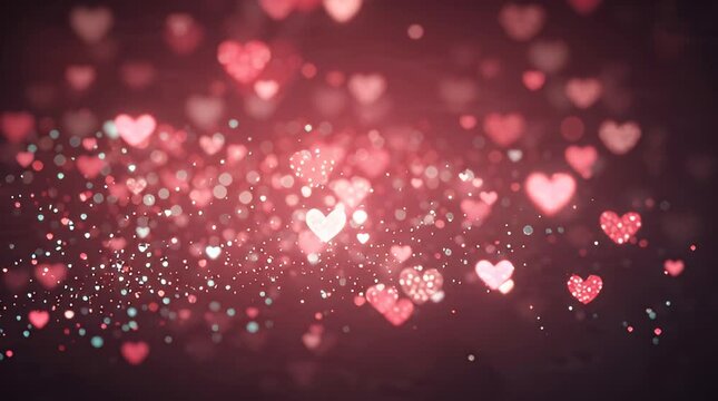 Sparkling crimson and rose heart-shaped particles floating elegantly, creating a captivating festive and romantic atmosphere