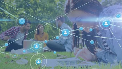 Animation of network of connections over diverse students learning in park - Powered by Adobe