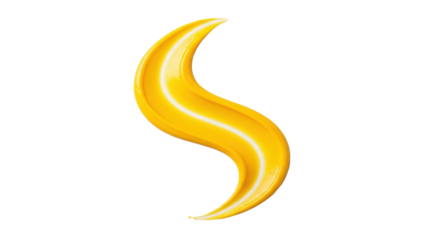 A vibrant yellow sauce, thick and lustrous, expertly piped into an intricate abstract S-curve pattern on a transparent background with soft studio lighting, showcasing gourmet excellence