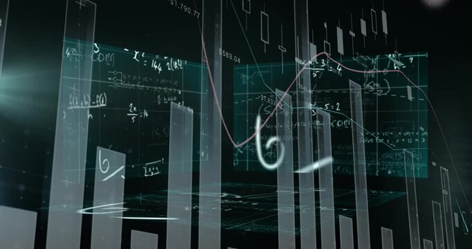 Animation of digital mathematical formulas on display screens with bar graphs moving in loop