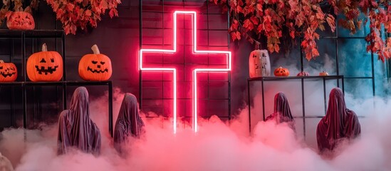 Halloween Decoration with Neon Cross and Pumpkins.