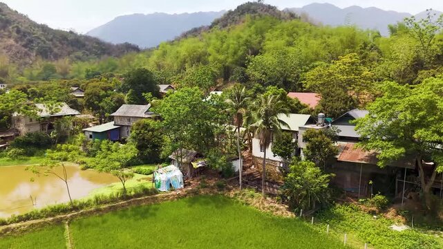 Mai Ch&acirc;u Traditional Houses &ndash; Aerial Close-Up Over Village