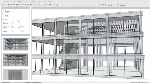 Cad Showcases a Multi‑story Building Mockup as Animated Overlay Graphics Show Structural Framing, Virtual Construction Planning, Building Design Visualization  of Mockup Professional Software
