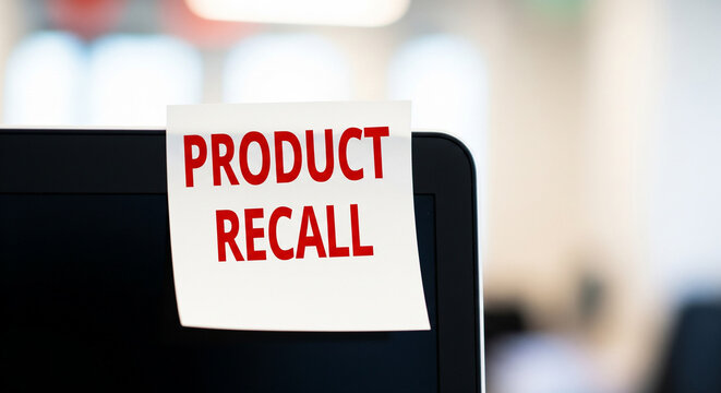 Product recall notice attached to a computer monitor in an office setting