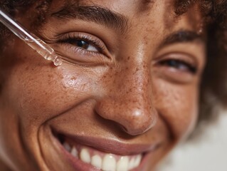 Close-up of a smiling individual applying serum under the eyes, highlighting skincare routine and natural beauty.