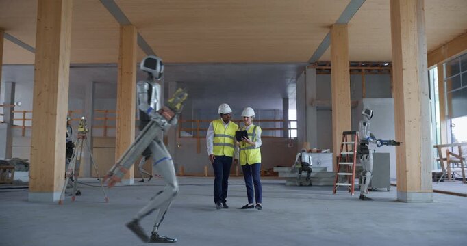 On Building Construction Site Humanoid Robots Collaborate With Engineers. AI Construction Work, Autonomous Material Handling, Advanced Building Automation, Active Development, Algorithmic Optimization