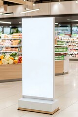 Large blank vertical lightbox billboard positioned in a supermarket aisle, surrounded by fresh fruits and vegetables on shelves, offering space for product marketing