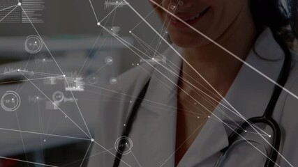 Animation of network of connections over caucasian female doctor using digital tablet at hospital - Powered by Adobe