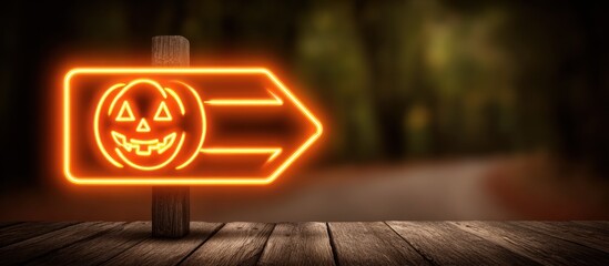 Halloween Pumpkin Neon Sign Directional Arrow.