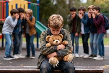 Bullied schoolboy hugging teddy bear while group of children mock him, peer cruelty, school bullying, childhood loneliness and emotional trauma