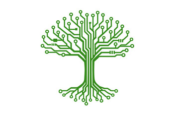 A stylized illustration of a digital tree featuring detailed green circuitry