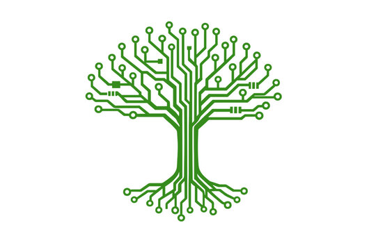 A stylized illustration of a digital tree featuring detailed green circuitry