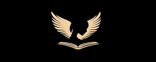 A minimalist logo featuring golden wings emerging from an open book