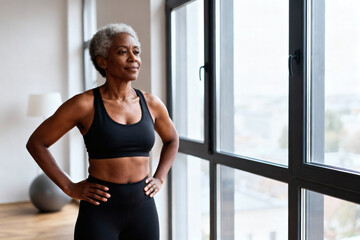 Confident Black Woman in Postmenopause Standing Strong at Home, Body Confidence, Fitness Lifestyle and Inclusive Self Care