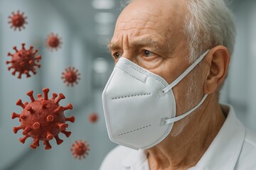 Elderly man wearing protective face mask looking at floating virus particles in hospital hallway, symbolizing healthcare and pandemic safety concept. Ai generative