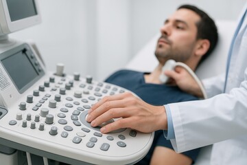 Doctor performing ultrasound examination on male patient using modern diagnostic equipment in clinical setting for healthcare and medical concept image. Ai generative