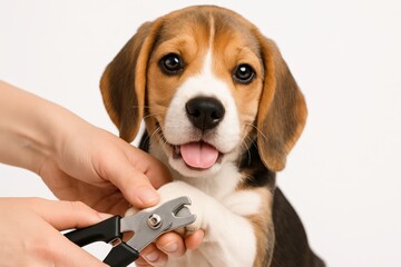 Cute beagle puppy getting its nails trimmed by a person using clippers, symbolizing pet grooming and healthcare on white background. Ai generative. Ai generative
