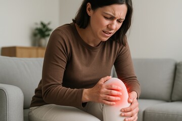 Woman suffering from knee pain at home, holding leg in discomfort, highlighting joint inflammation issue in a healthcare and medical concept setting. Ai generative