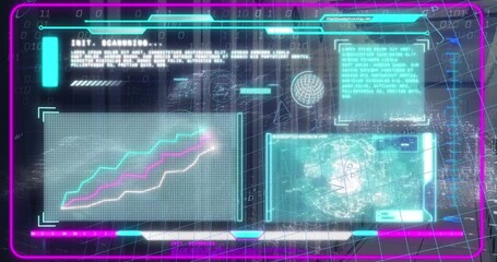 Animation of interface with data processing and mathematical equations against server room - Powered by Adobe