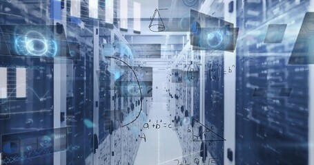 Animation of mathematical equations and data processing against computer server room - Powered by Adobe