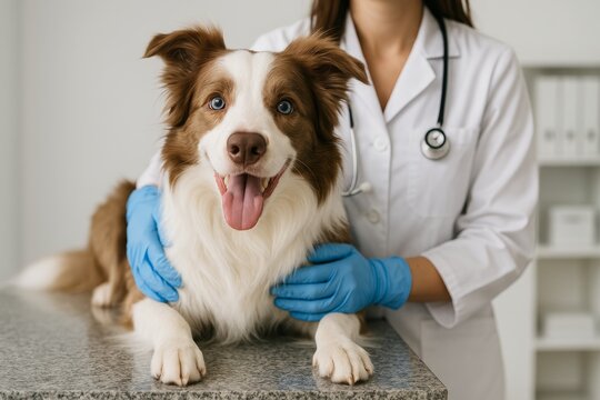 Happy Border Collie being examined by female veterinarian wearing gloves and stethoscope in bright modern clinic, symbolizing pet healthcare concept. Ai generative - Powered by Adobe