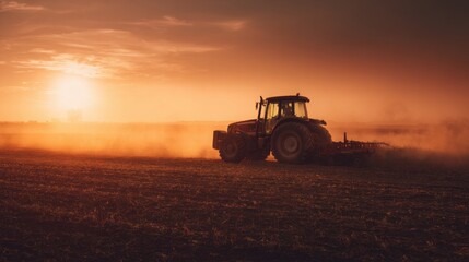 agricultural diesel tractor working in field at sunset, golden light, farming atmosphere, detailed textures, realistic photography