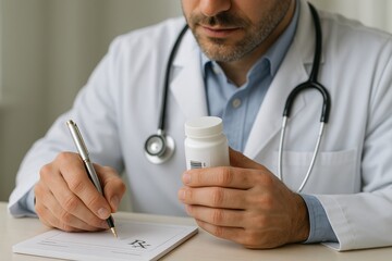 Doctor with stethoscope prescribing medication while holding pill bottle, close-up of hands and prescription pad on desk in clinical setting. Ai generative