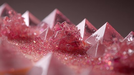 Architectural pastry topped with crystalline sugar structures, transparent pink tones, precision geometry, futuristic luxury dessert design, dramatic