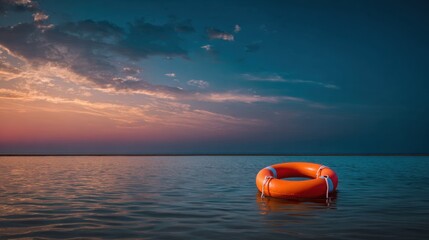 Bright orange lifebuoy floating alone on calm sea water at golden sunset, strong color contrast against deep blue ocean, minimalistic composition