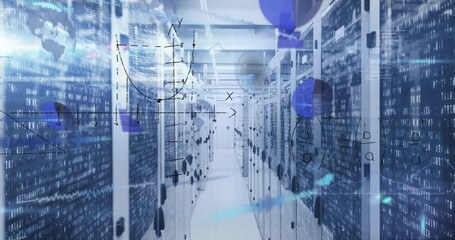 Animation of data processing and mathematical equations against computer server room - Powered by Adobe