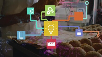 Animation of mathematical equations and network of connections over caucasian male baker - Powered by Adobe