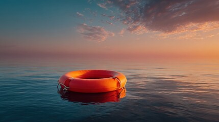 Bright orange lifebuoy floating alone on calm sea water at golden sunset, strong color contrast against deep blue ocean, minimalistic composition