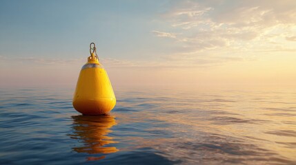Bright yellow sea buoy drifting in calm ocean waters at sunrise, soft golden light, minimal composition, clear focal object, maritime safety concept