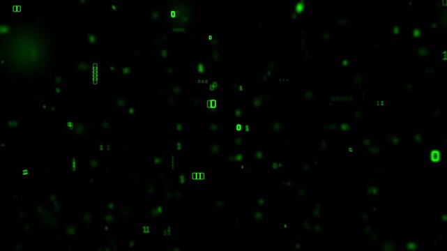 Blurred green binary code numbers floating on black background for cyber technology concept