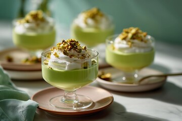 A close-up of elegant pistachio desserts topped with whipped cream and chopped nuts, beautifully presented in glass cups.
