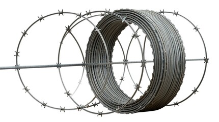 A coil of barbed wire fencing on a white background