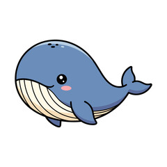 Fototapeta premium Cute cartoon blue whale with white stripes swimming in water ocean