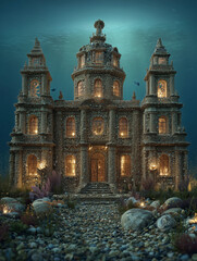 Fototapeta premium Baroque Palace Sculpted Entirely from Oyster Shells – Surreal Underwater Architecture, Luxury Ocean Fantasy Scene, Mythical Marine Palace for Storytelling, Editorial and Design