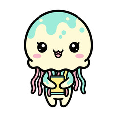 Obraz premium Cute cartoon jellyfish with pink and blue tentacles holding a drink