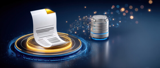 Digital document concept showing glowing data file and storage cylinder in futuristic interface