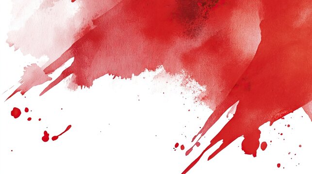 Bold abstract watercolor splash in deep red tones with scattered droplets and vertical drips on white background - Powered by Adobe