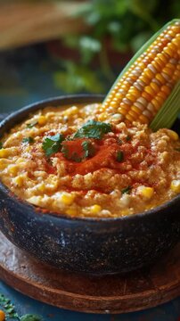 A vibrant, healthy comfort food featuring crunchy corn and tender black beans in a spicy sauce. Ideal for Mexican cuisine enthusiasts or those looking for a hearty meal.