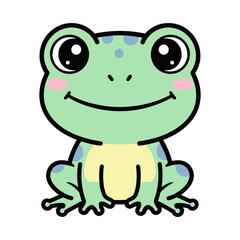 Obraz premium Cute green cartoon frog with blue spots and a yellow belly smiling happily