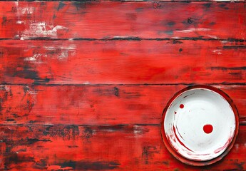 A watercolor illustration of a white plate with a red drop on a textured red background, creating a striking and minimalist visual effect