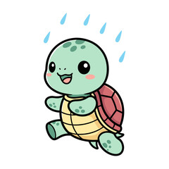 Obraz premium Cute green cartoon turtle with red shell smiling and raining