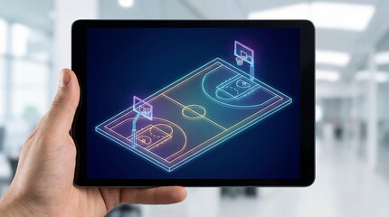 Futuristic glowing basketball court on a digital tablet screen held by a person, visualizing sports technology and digital gaming interfaces